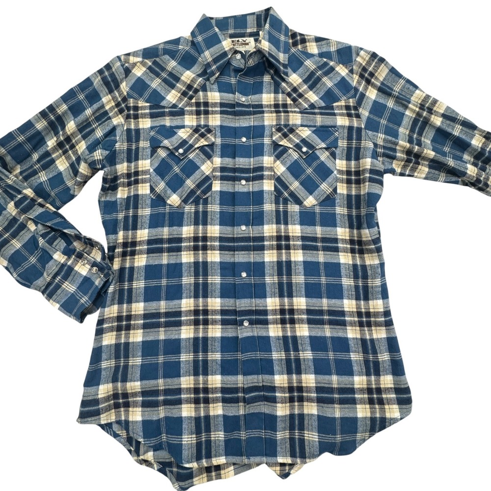 Ely Cattleman Flannel Shirt Mens Medium Blue Plaid Pockets Pearl Snap Front